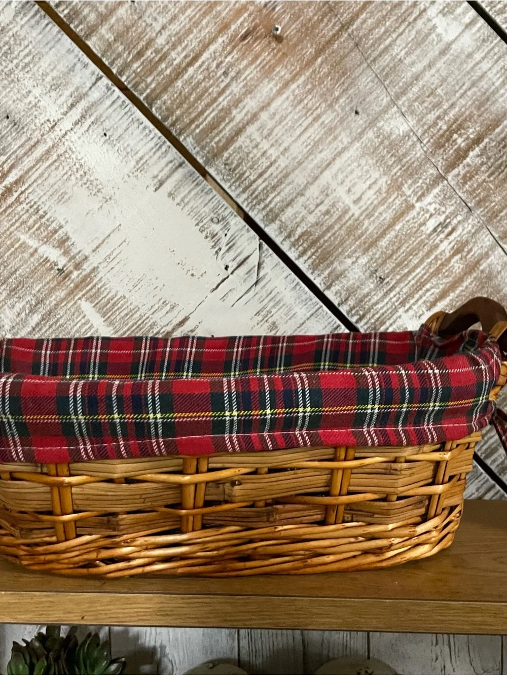 Woven Natural Willow Basket with Red Plaid Liner
